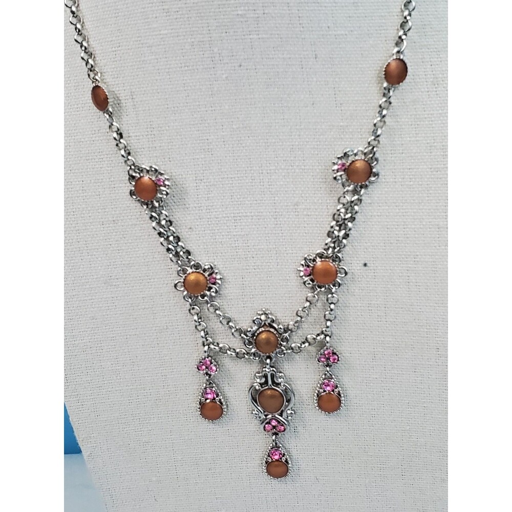 Festoon Chandelier Necklace Silvertone Teardrop Brown W Pink Rhinestone Dangle